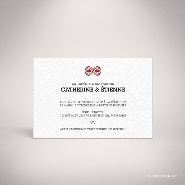 Tisseuil – Carton invitation de mariage dans un style contemporain, illustré d’une pluie de cœurs par Julien Preszburger  – Photo non contractuelle