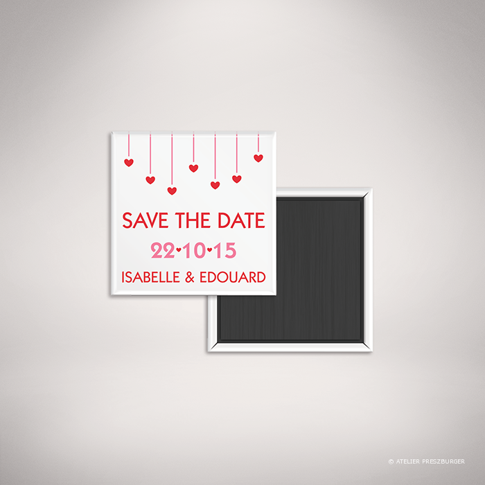 Sparre – Magnet « save the date » de mariage dans un style contemporain, illustré d’une pluie de cœurs par Julien Preszburger – Photo non contractuelle